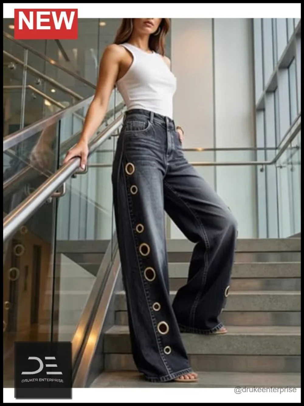 High Waisted Wide Leg Jeans with Grommet Eyelets Baggy Y2K Denim Pants